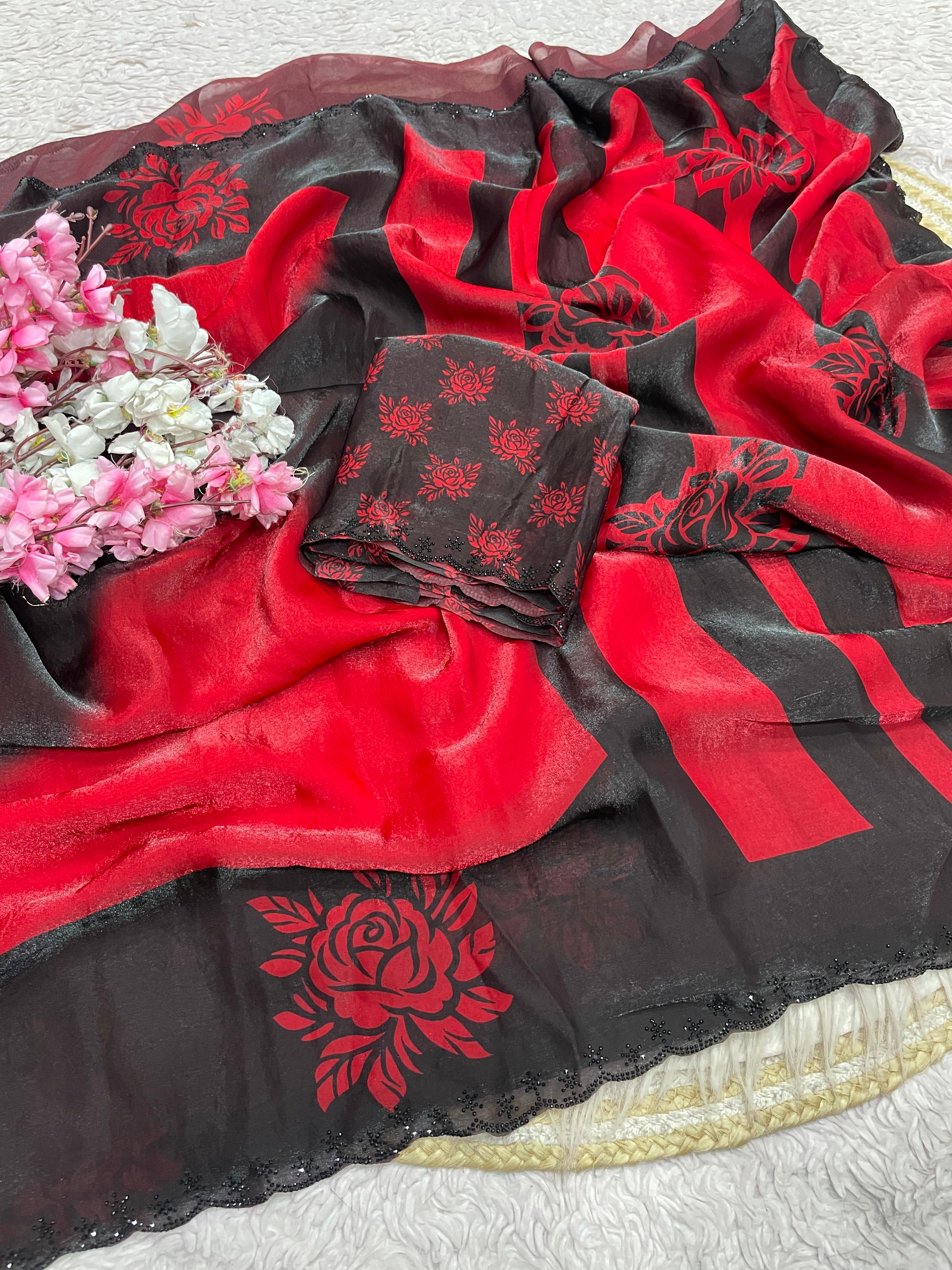 Scarlet Rose Space Silk Digital Floral Jarkan Work Saree